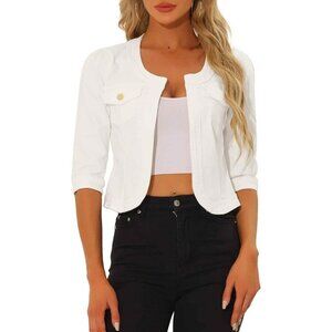 Women's Jean Jacket Slim Fit Casual Denim Jacket 3/4 Sleeves Outwear White
